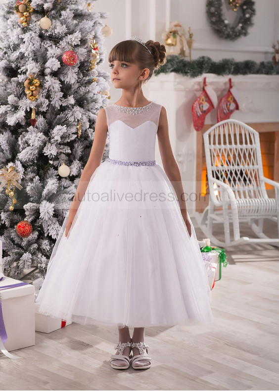 White Tulle Beaded Tea Length Flower Girl Dress Holiday Dress